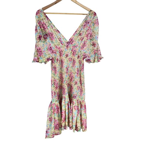 ByTiMo NWT Floral Smocked Chiffon Mini Dress Summer Flowers Size M Deep V-Neck - Picture 3 of 13